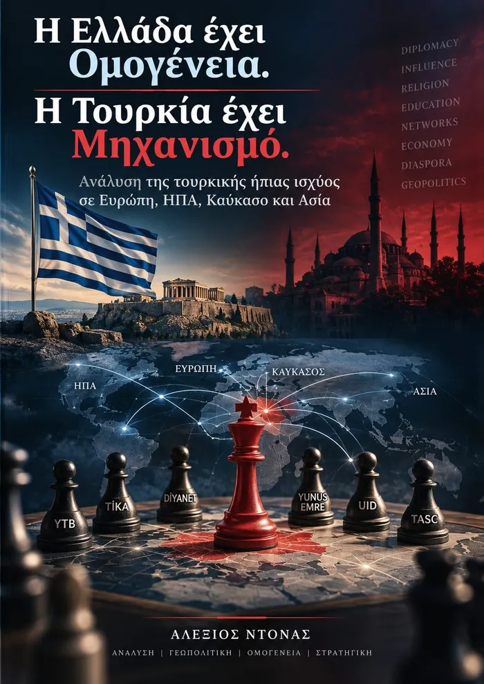 Εξώφυλλο του βιβλίου «Η Ελλάδα έχει Ομογένεια. Η Τουρκία έχει Μηχανισμό.» του Αλέξιου Ντόνα